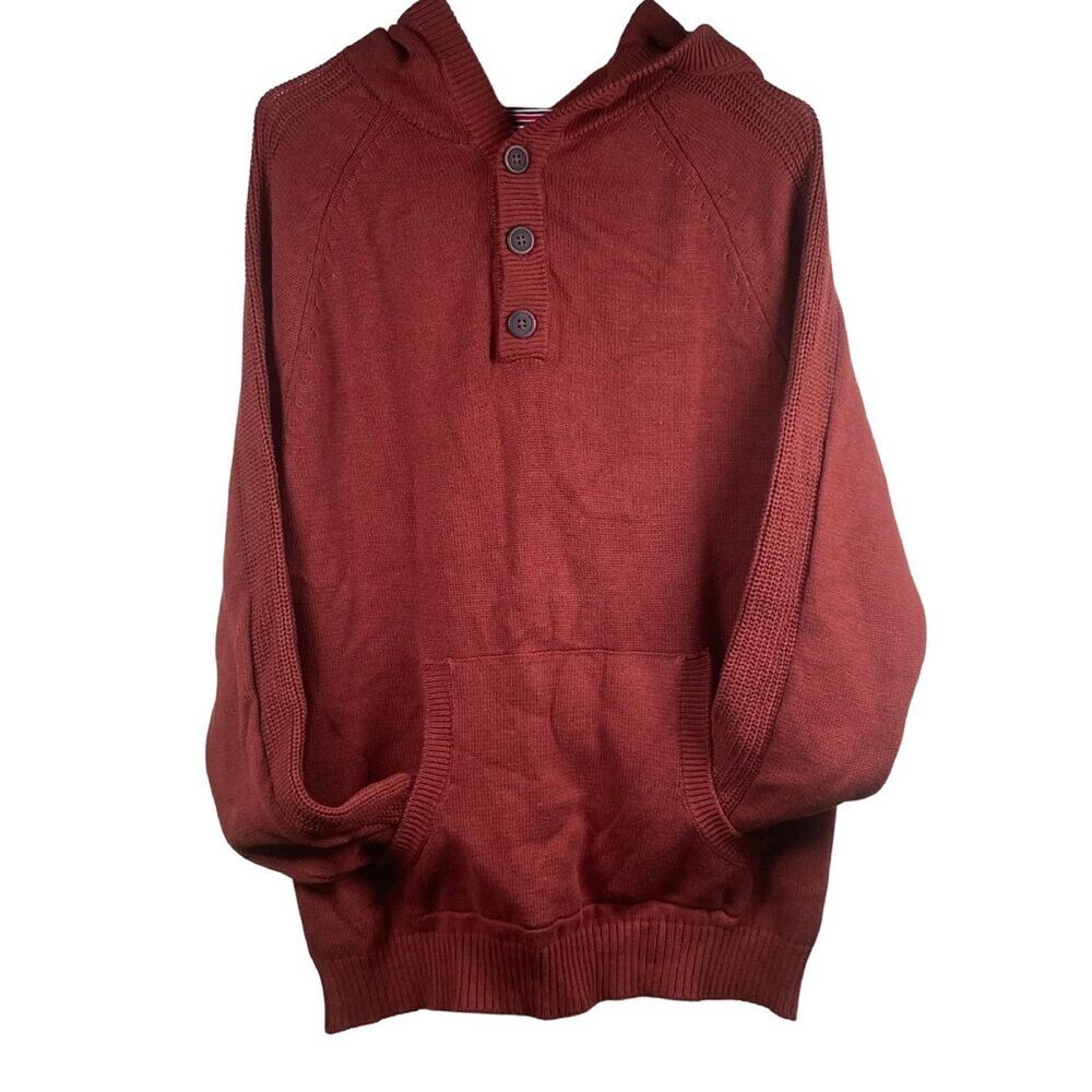 Flag & Anthem Knit Hoodie Pullover Button Front Sweater Casuals Maroon Size M